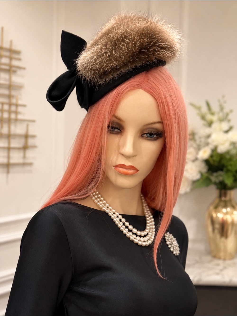 Vintage mink or Fox Fur Cocktail Percher Hat Black Bow Mid Century Couture